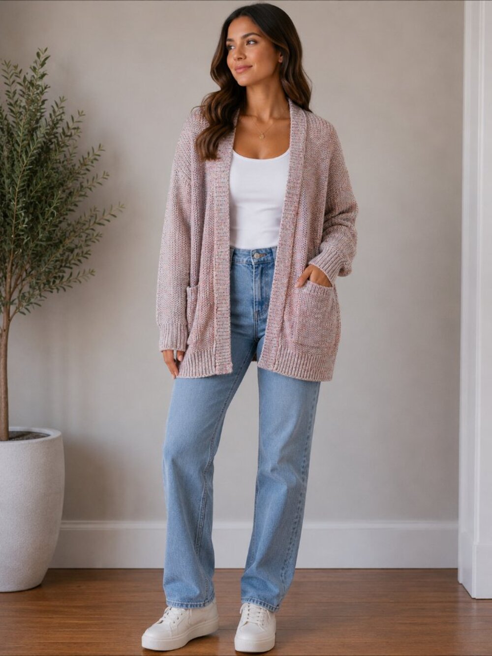 Roots Pink Marled Open Cardigan with Pockets